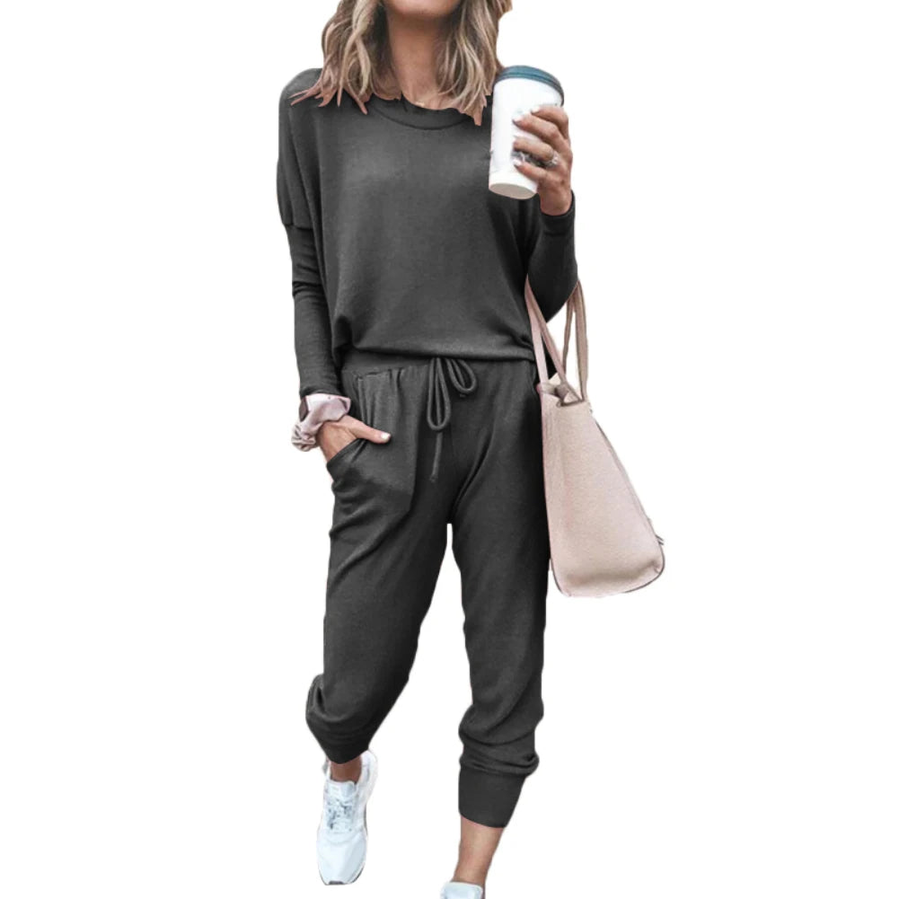 Women Solid Color Long Sleeve O Neck Blouse Top Drawstring Pants Sport Tracksuit Sports shirts autumn winter set Tracksuit Women