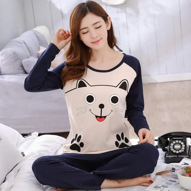 Autumn Thin 2pieces Pyjamas Set Women 2024 Cotton Round Neck Girls Bear Pajamas Sets Teacup Cat Full Sleepwear Tops Pajama Mujer