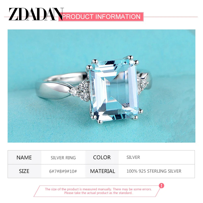 ZDADAN 925 Sterling Silver Fashion Aquamarine Gemstone Ring For Women Wedding Party Jewelry Gifts Wholesale