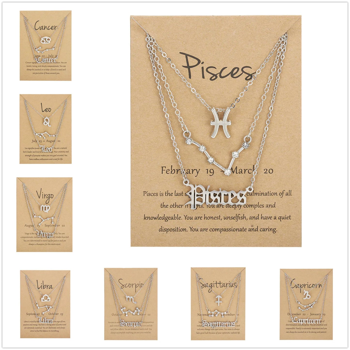 3Pcs/Set 12 Constellation Pendant Necklaces Couple Lover Fashion Cardboard Star Zodiac Sign Charm Pisces Necklace Jewelry Gifts