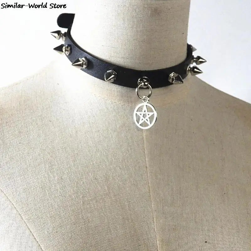 2021 Gothic O-Round Spike Choker Collar Women Harness Choker Necklace For Women Punk Leather Chocker Necklaces Gothic Jewelry