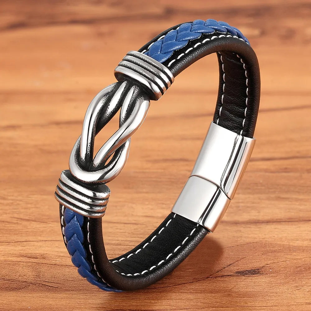 TYO Geometric Stainless Steel Men's Leather Bracelet Hand-woven Magnetic Clasp Black Blue Leather Bangle Christmas Jewelry Gift