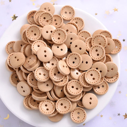 15mm 100Pcs Natural Color Round Shape Wooden Buttons 2 Holes Sewing Button With Dotted Line Scrapbooking DIY Apparel Accessories