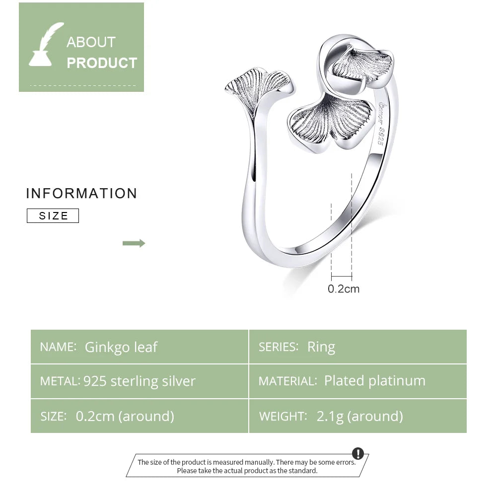 bamoer Silver 925 Design Ginkgo Leaf  Finger Rings for Women Vintage Bijoux 925 Sterling Silver Trendy Wedding Jewelry BSR097