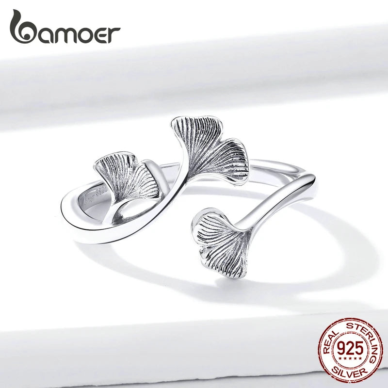 bamoer Silver 925 Design Ginkgo Leaf  Finger Rings for Women Vintage Bijoux 925 Sterling Silver Trendy Wedding Jewelry BSR097