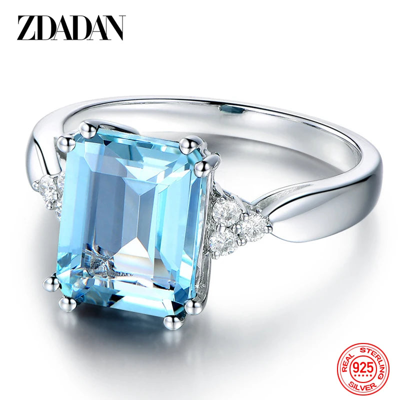 ZDADAN 925 Sterling Silver Fashion Aquamarine Gemstone Ring For Women Wedding Party Jewelry Gifts Wholesale