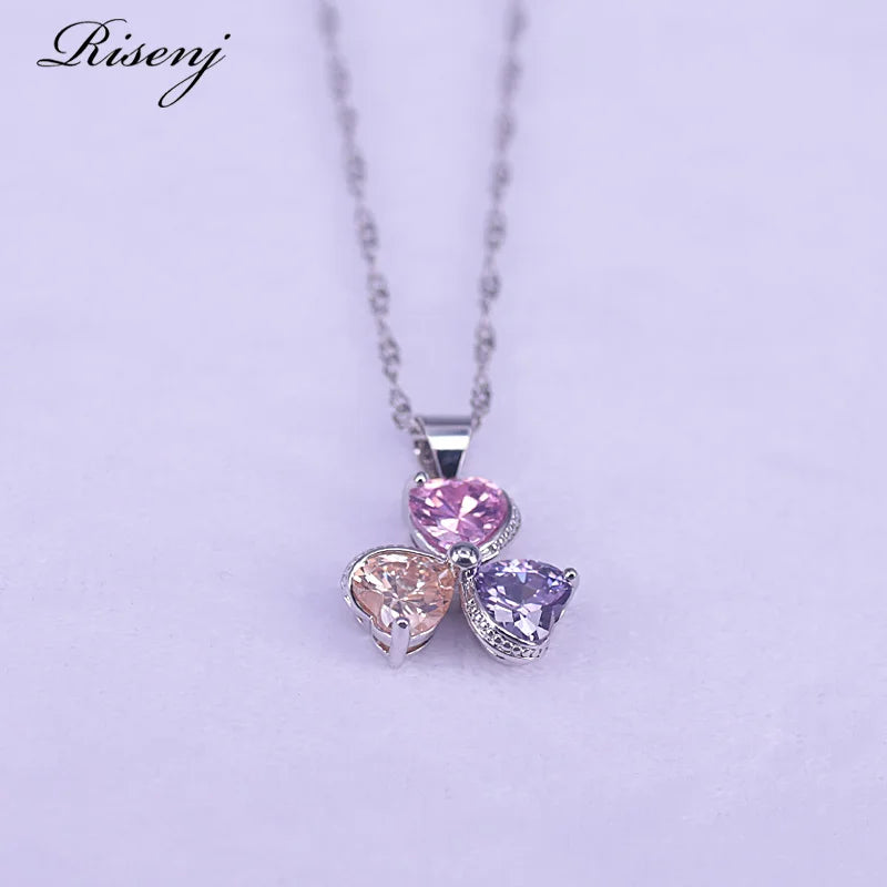 Heart & Flower 925 Silver Jewelry Set Top Cubic Zircon 925 Sterling Silver Jewelry Set Earrings Ring Necklace Costume Jewelry