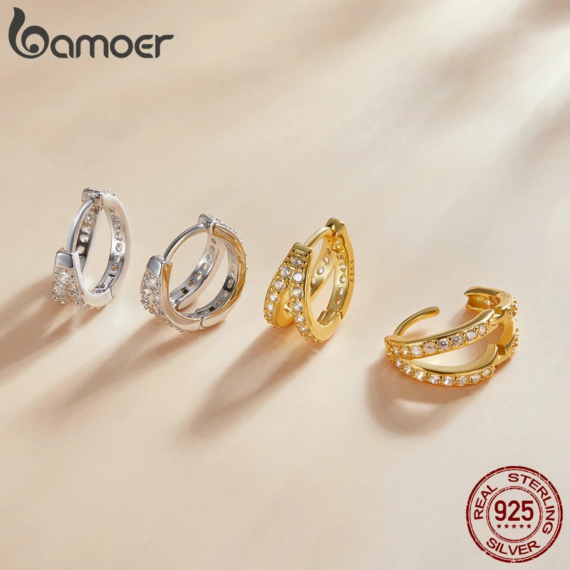 Bamoer 925 Sterling Silver Classic Geometry Earrings Women Zircon Crystal Double Rings Ear Hoop Earrings 3 Colors