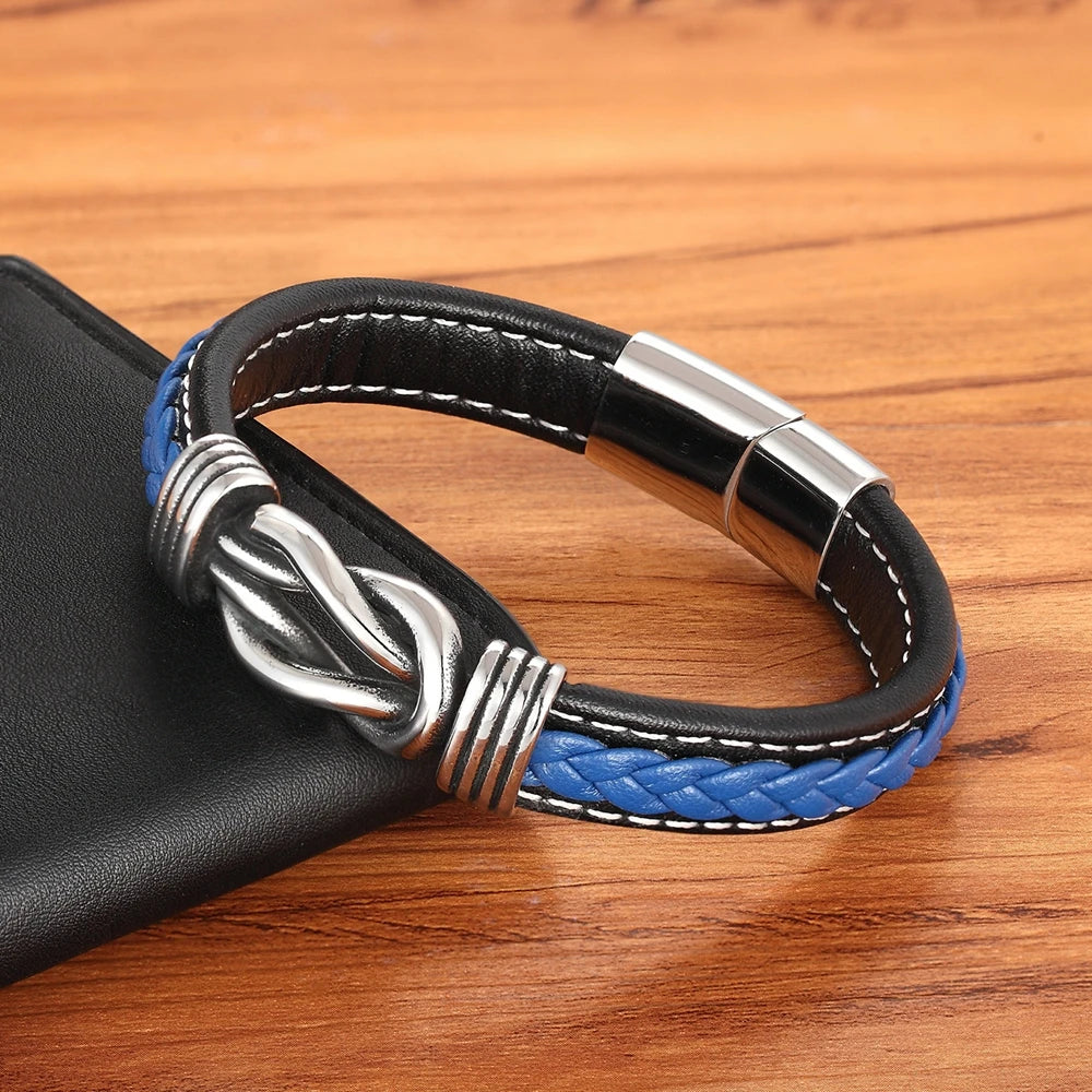 TYO Geometric Stainless Steel Men's Leather Bracelet Hand-woven Magnetic Clasp Black Blue Leather Bangle Christmas Jewelry Gift