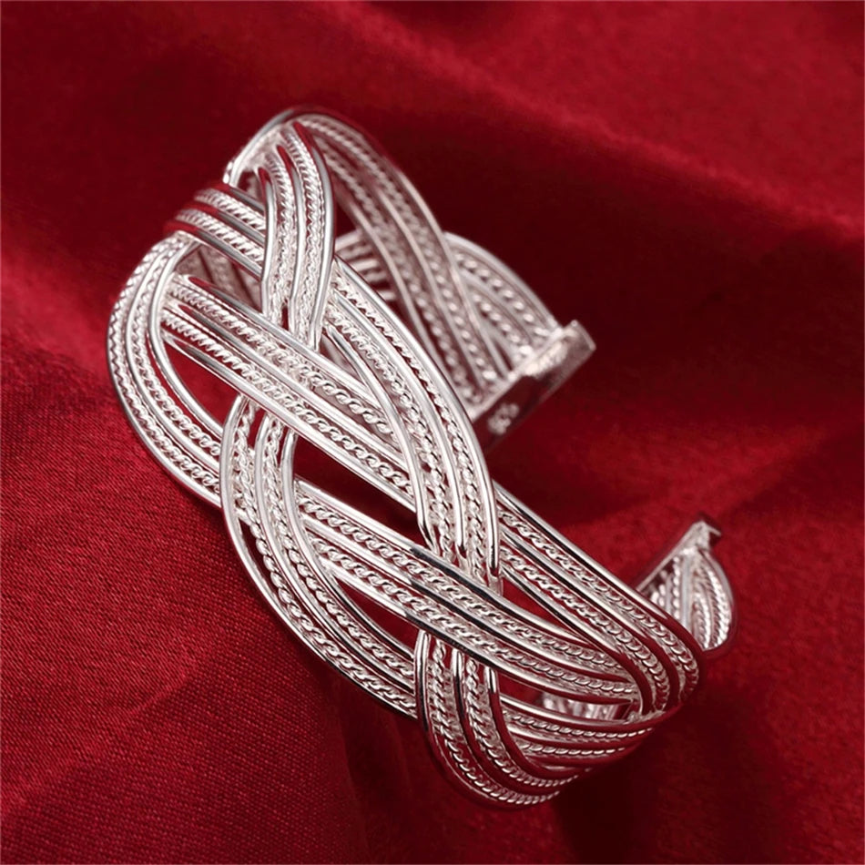 DOTEFFIL 925 Sterling Silver Interwoven Web Bangle Ring Set For Woman Wedding Engagement Party Fashion Charm Jewelry