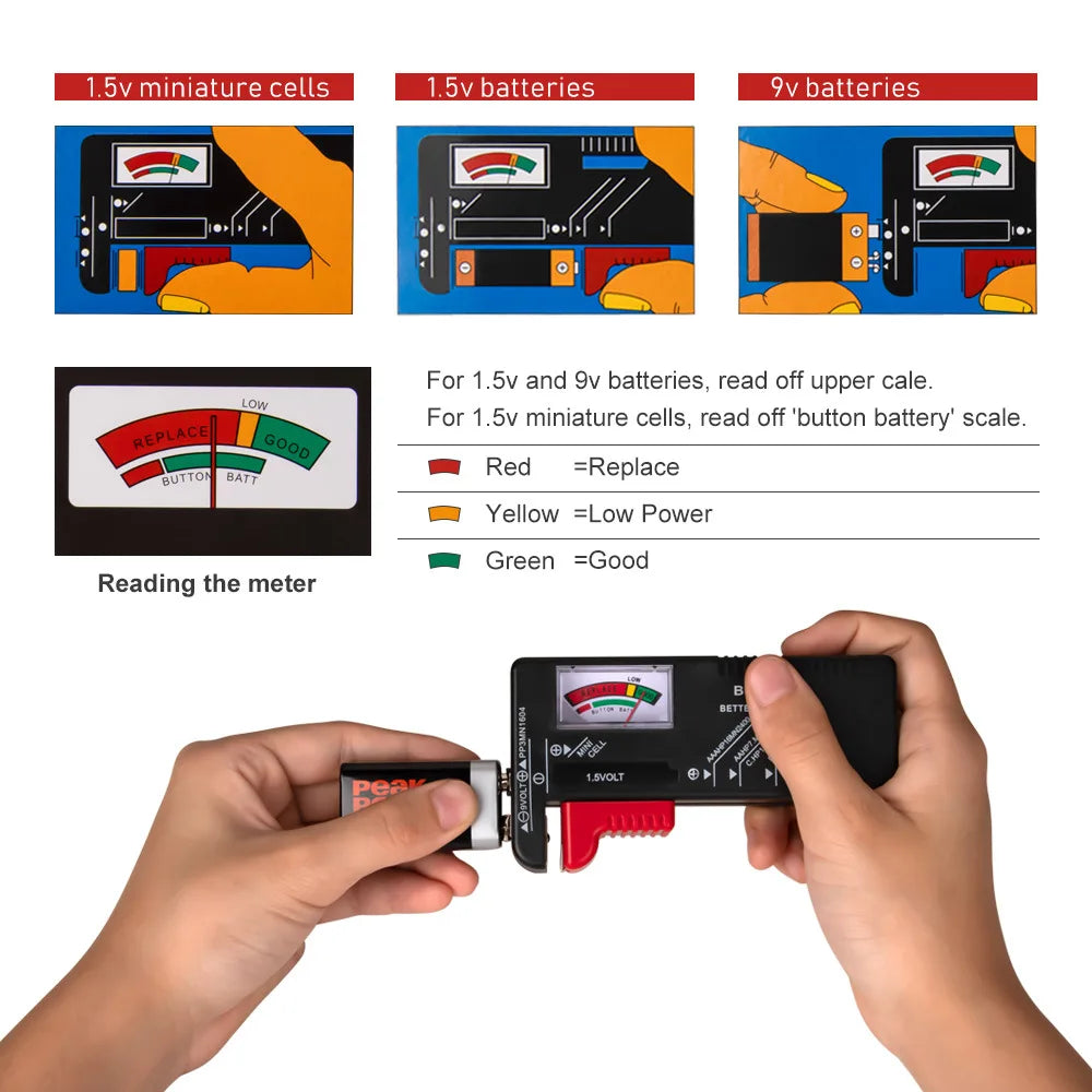 BT-168 AA/AAA/C/D/9V/1.5V batteries Universal Button Cell Battery Colour Coded Meter Indicate Volt Tester Checker BT168 Power