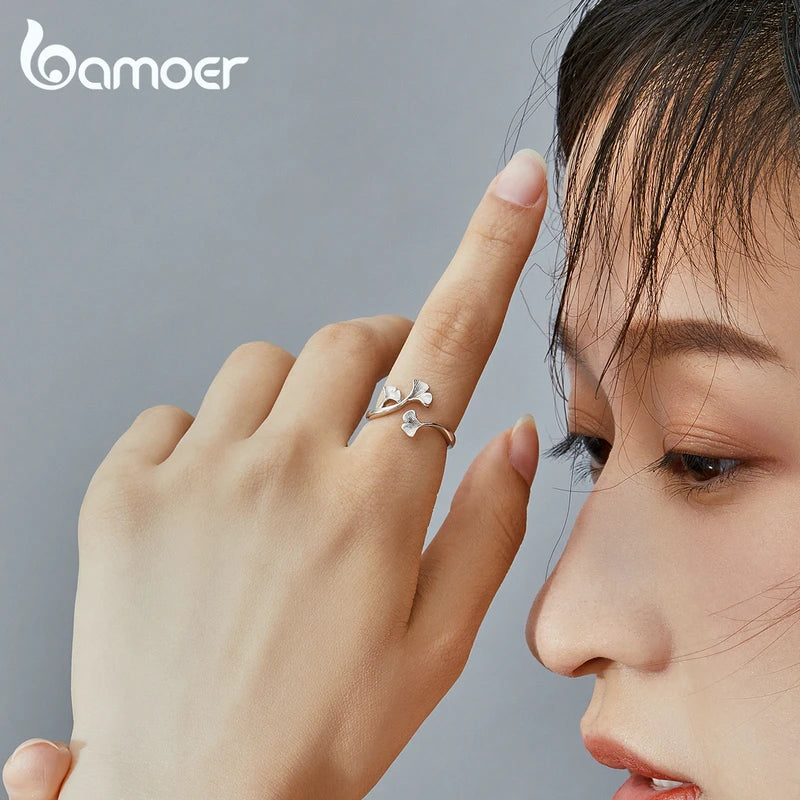 bamoer Silver 925 Design Ginkgo Leaf  Finger Rings for Women Vintage Bijoux 925 Sterling Silver Trendy Wedding Jewelry BSR097