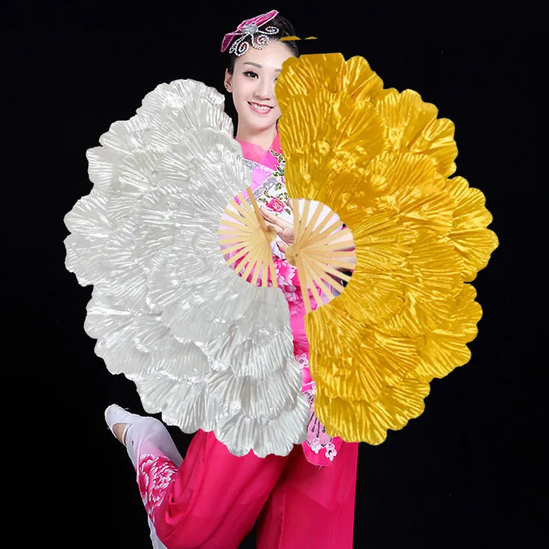 Peony Petal Square Dancing Fan Bright Cloth Double Side Yangko Dance Fan Ladies Hanfu Cheongsam Props Portable Folding Hand Fans