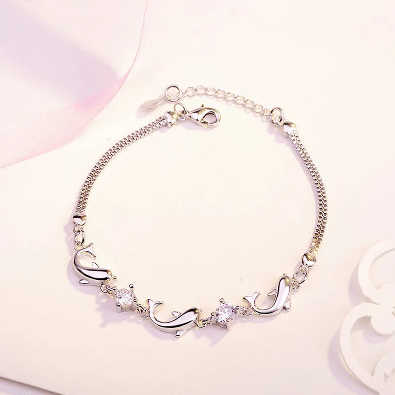 Fashion 925 Sterling Silver Chain Bracelets For Women Party Cute Dolphin Bracelet Bangle luxury Crystal CZ Jewelry Gifts