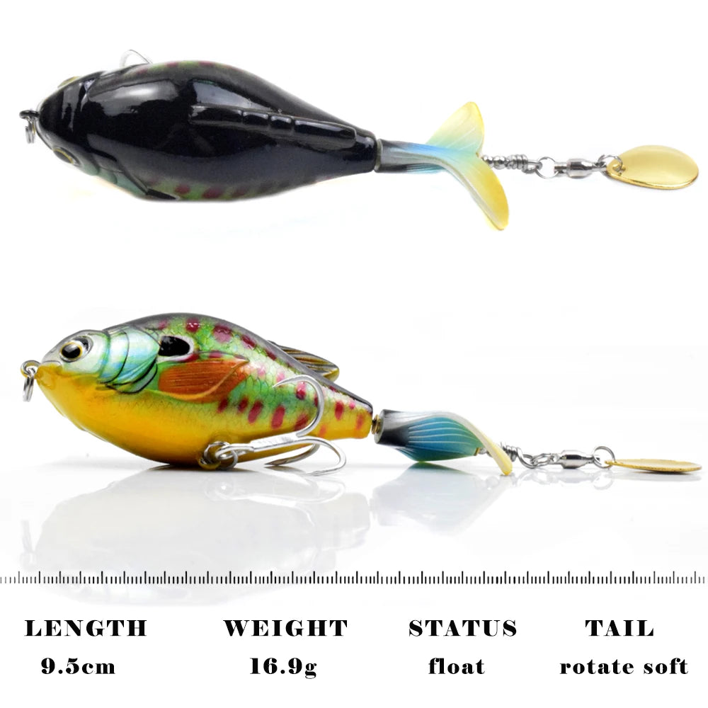 CCLTBA Rotate Tail Popper Lure 9.5cm 16.9g Topwater Wobble Fishing Lures Bass Fishing Tackle