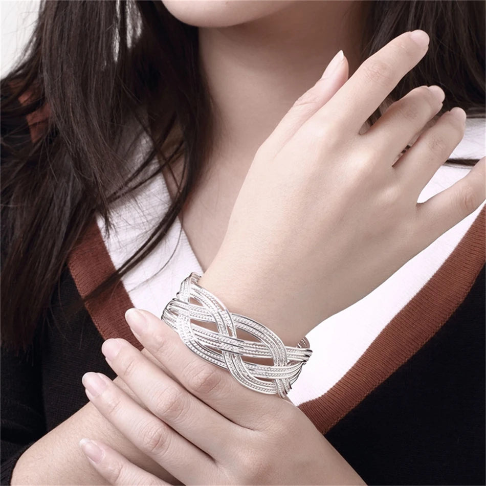 DOTEFFIL 925 Sterling Silver Interwoven Web Bangle Ring Set For Woman Wedding Engagement Party Fashion Charm Jewelry