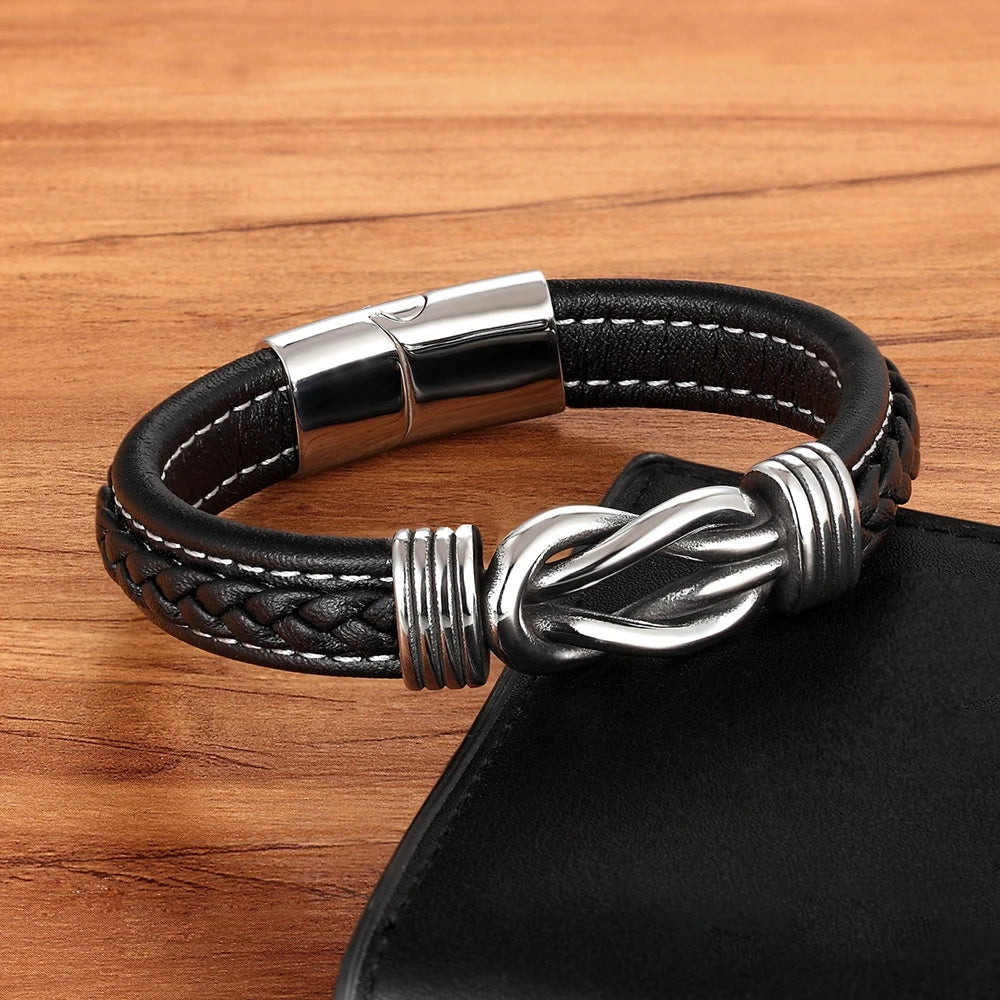 TYO Geometric Stainless Steel Men's Leather Bracelet Hand-woven Magnetic Clasp Black Blue Leather Bangle Christmas Jewelry Gift