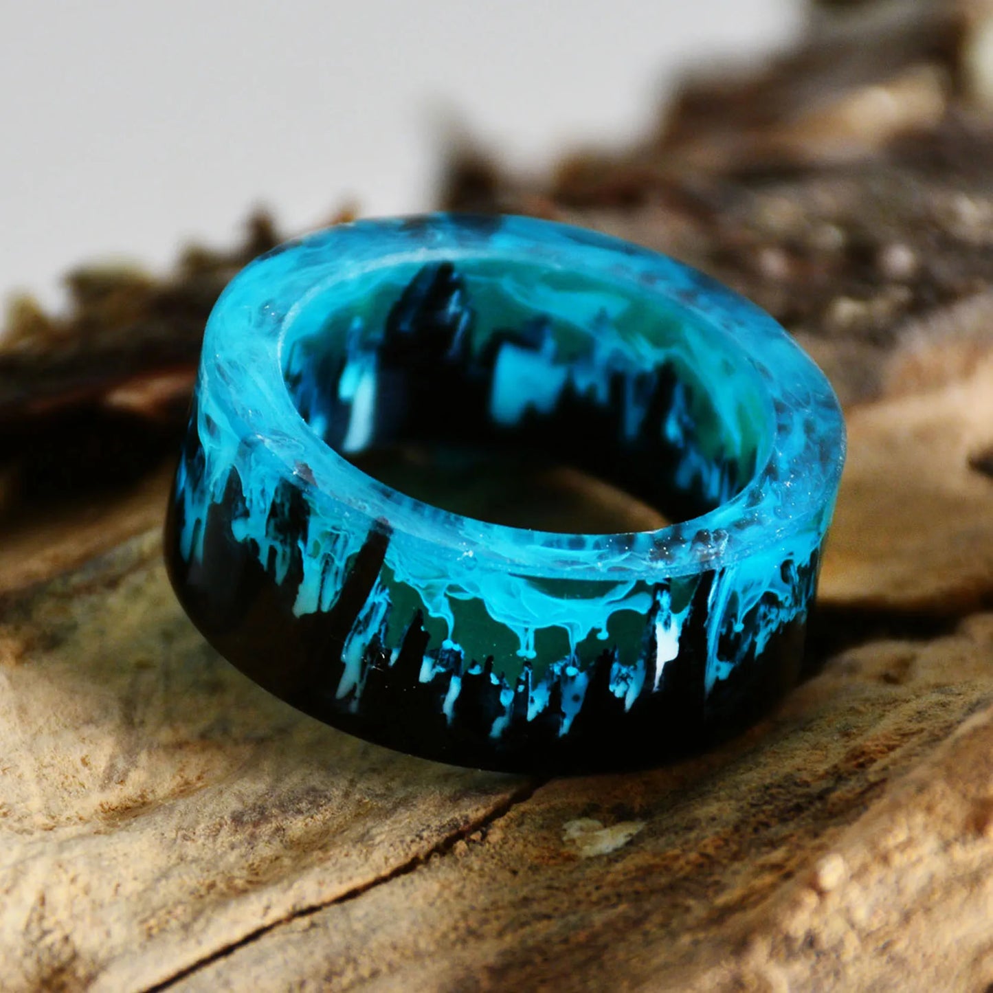 Blue Resin Ring Mountains Wooden Inside Magical World In A Tiny Landscape Ring for Women Men Jewelry Female Finger Punk Jewelry