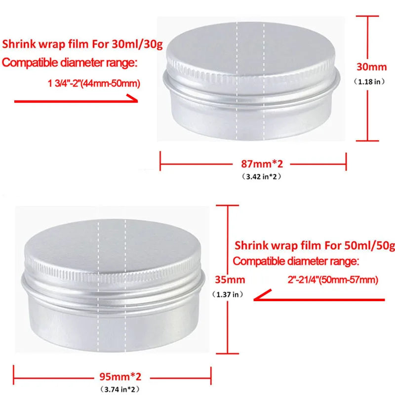 200Pcs Clear PVC Heat Shrink Wrap Film for Cosmetic Jar Lip Blam Container 5g 10g 15g 20g 30g 50g 60g