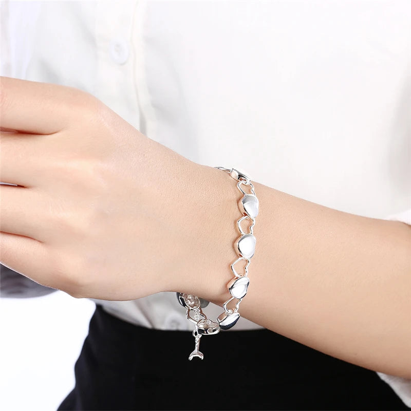 DOTEFFIL 925 Sterling Silver Solid Hollow Full Heart Bracelet For Woman Charm Wedding Engagement Party Fashion Jewelry