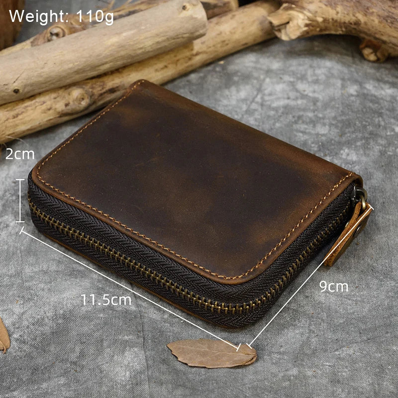 Men Crazy horse Genuine Leather Coin Wallet Real Leather Snap Short Purse Women Coin Pocket Zip Around Small Trifold Pocket