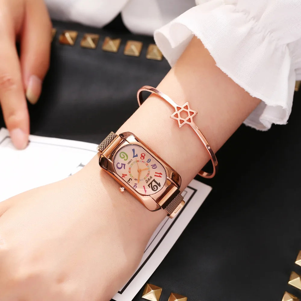 Luxury Rectangle Woman's Watch Bracelet Set Magnetic Mesh Female Wristwatch 2PCS Square Dial Lady Designed Clock zegarek damski