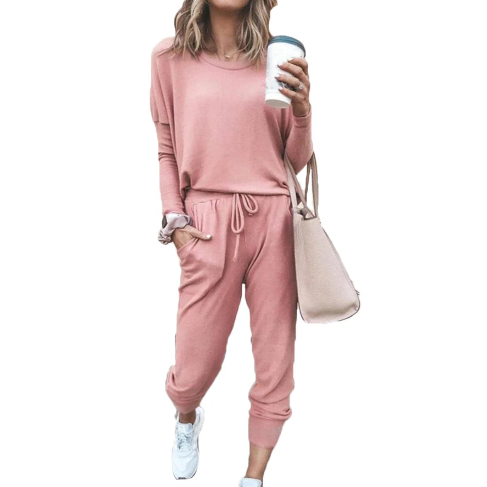 Women Solid Color Long Sleeve O Neck Blouse Top Drawstring Pants Sport Tracksuit Sports shirts autumn winter set Tracksuit Women