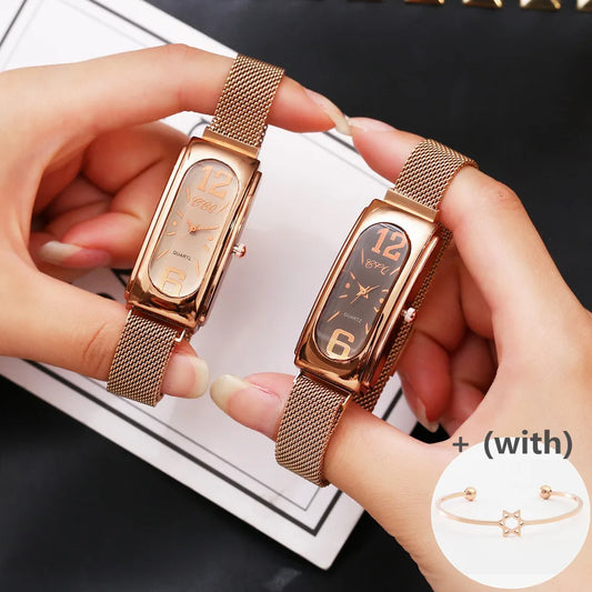 Luxury Rectangle Woman's Watch Bracelet Set Magnetic Mesh Female Wristwatch 2PCS Square Dial Lady Designed Clock zegarek damski