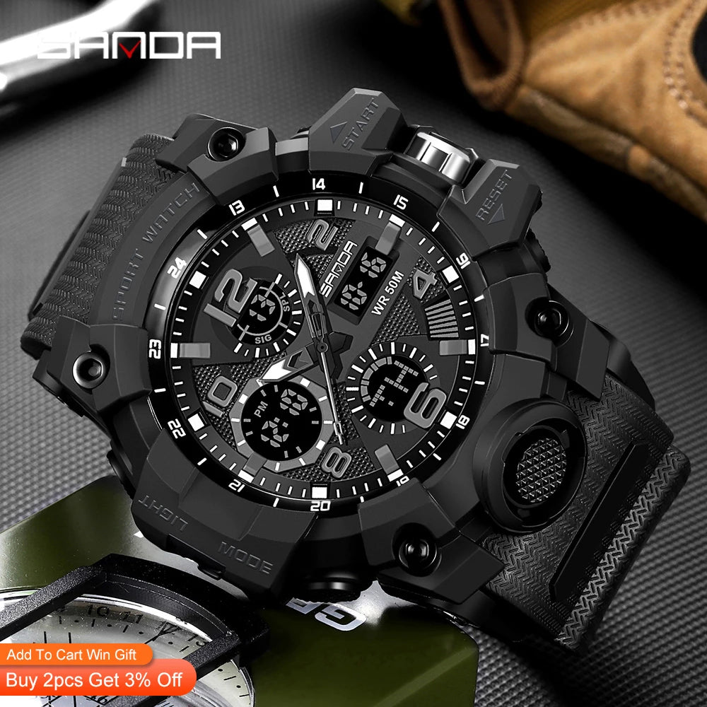 2021 SANDA Sports Military Men's Watches Waterproof Dual Display Quartz Wristwatch For Male Clock Stopwatch Relogios Masculino