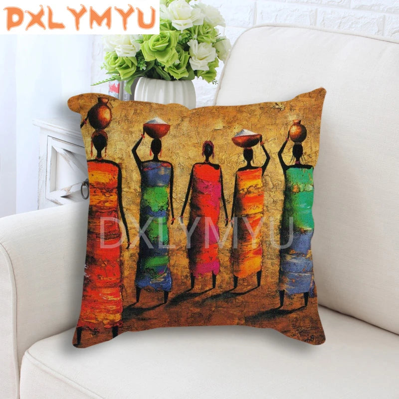 Hand-Painted African Style Oil Painting Printed 45*45cm Cushion Cover Linen Throw Pillow Car Home Decor Decorative Pillowcase