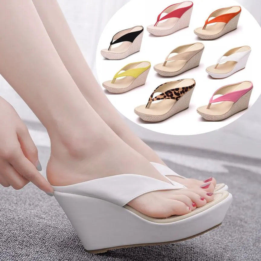 Crystal Queen Platform Wedges Flip Flops High Heels Slippers White Beach Sandals Bohemia Pink