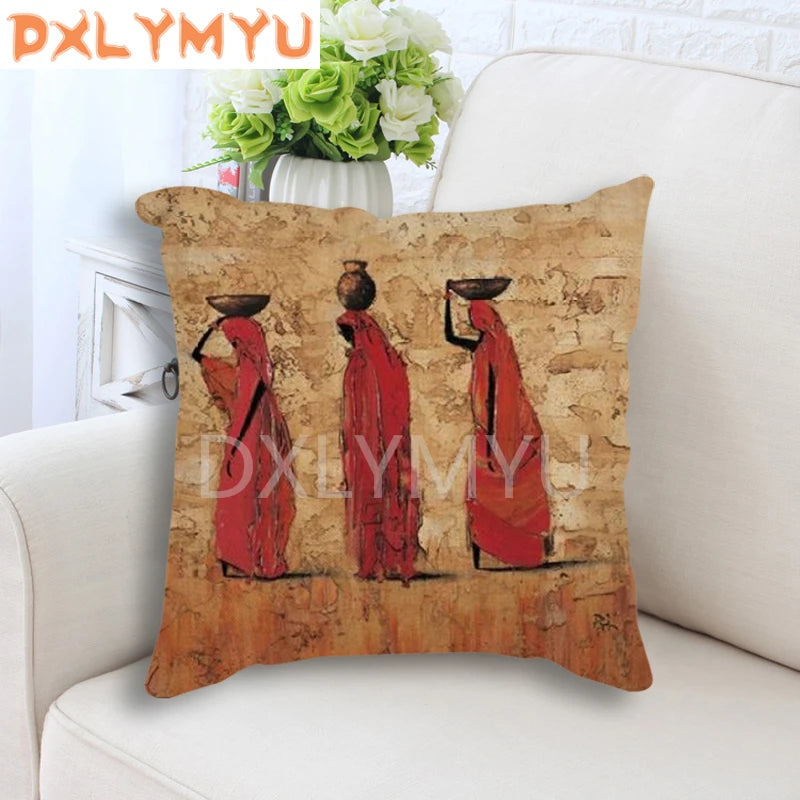 Hand-Painted African Style Oil Painting Printed 45*45cm Cushion Cover Linen Throw Pillow Car Home Decor Decorative Pillowcase