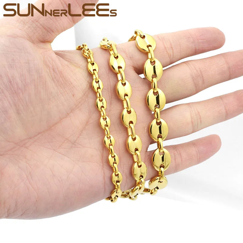 SUNNERLEES 316L Stainless Steel Bracelet 5~11mm Coffee Beans Link Chain Silver Color Gold Plated Jewelry Men Women Gift SC13