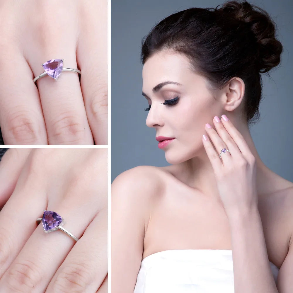 JewelryPalace Triangle 1.1ct Natural Purple Amethyst 925 Sterling Silver Ring for Woman Solitaire Engagement Gemstone Jewelry