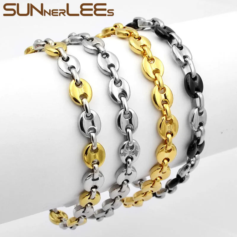 SUNNERLEES 316L Stainless Steel Bracelet 5~11mm Coffee Beans Link Chain Silver Color Gold Plated Jewelry Men Women Gift SC13