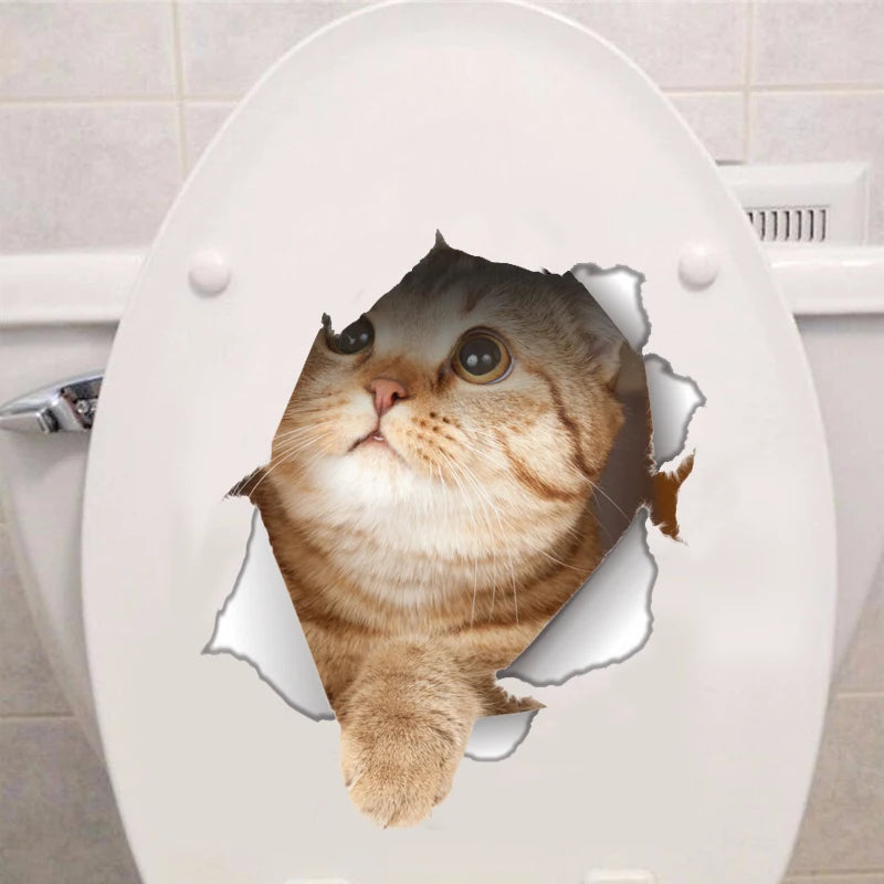 Vinyl Waterproof Cat Dog 3D Wall Sticker Hole View Bathroom Toilet Living Room Home Decor Decals Poster Cute Animals Wallpaper