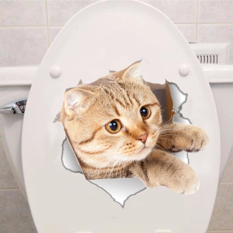 Vinyl Waterproof Cat Dog 3D Wall Sticker Hole View Bathroom Toilet Living Room Home Decor Decals Poster Cute Animals Wallpaper