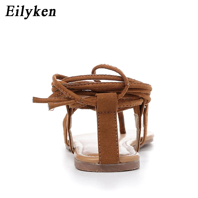 Eilyken Summer Roman Sandals Cross-Strap Tall Knee High Bondage Thong Flat Women Sandals Flip Flops Black Apricot