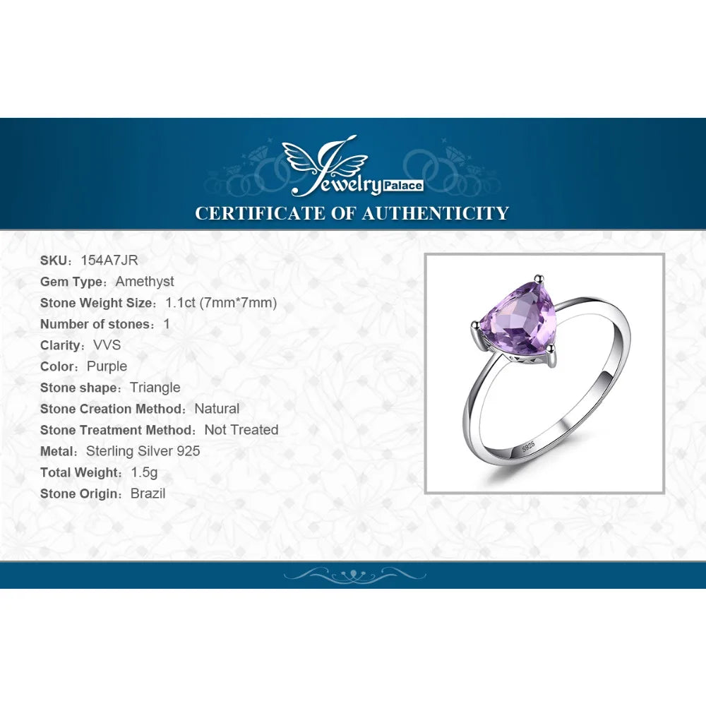 JewelryPalace Triangle 1.1ct Natural Purple Amethyst 925 Sterling Silver Ring for Woman Solitaire Engagement Gemstone Jewelry