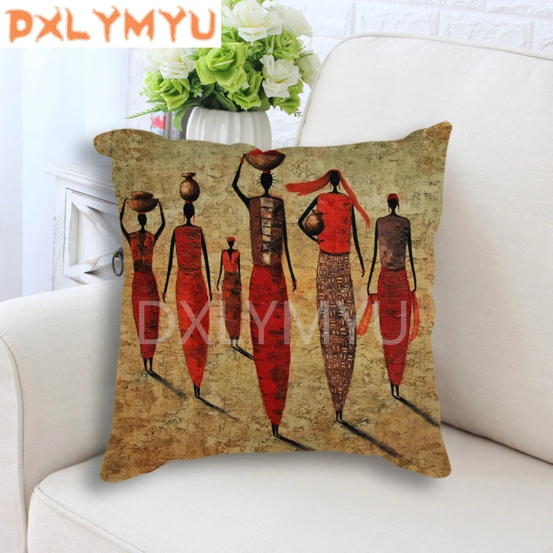 Hand-Painted African Style Oil Painting Printed 45*45cm Cushion Cover Linen Throw Pillow Car Home Decor Decorative Pillowcase