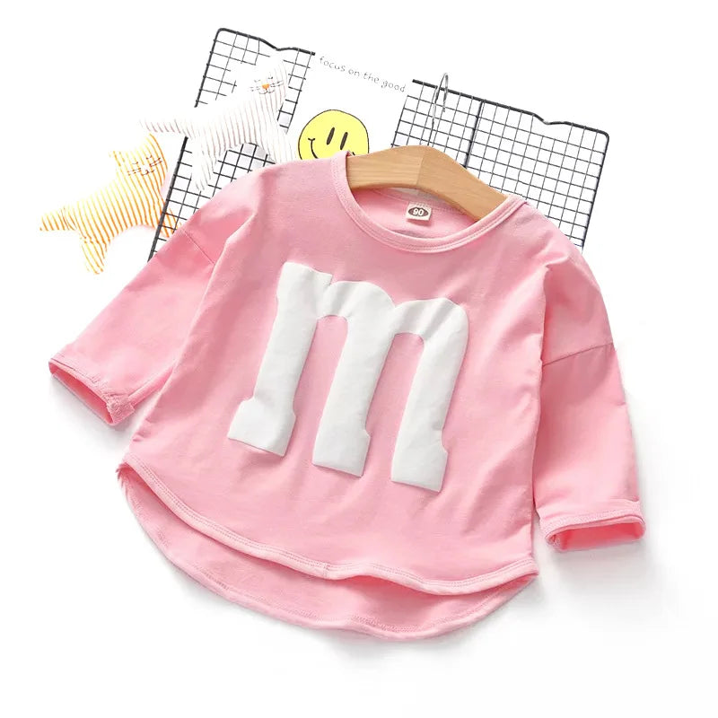 Cotton Baby Girl T-shirt Long Sleeved Spring Autumn Cartoon Letters M Kids Tops Boys Clothes Toddlers Tees