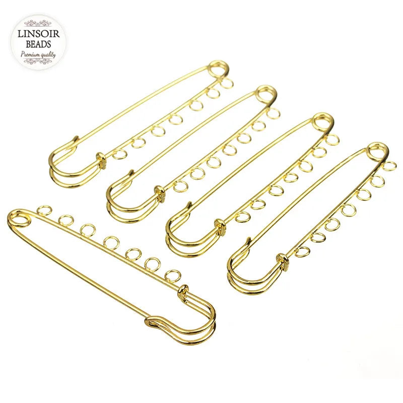 10pcs/lot 70mm Length Gold Color Safety Pin Brooches with 7 Big Loops for DIY Women Men DIY Brooche Jewelry Making Findings