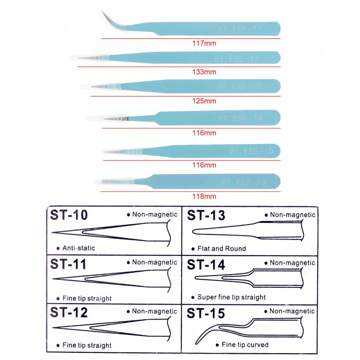 6pcs/lot Precision Tweezers Set 116mm-133mm Insulated  Stainless Steel Tweezers for Craft, Jewelry, Electronics, Laboratory