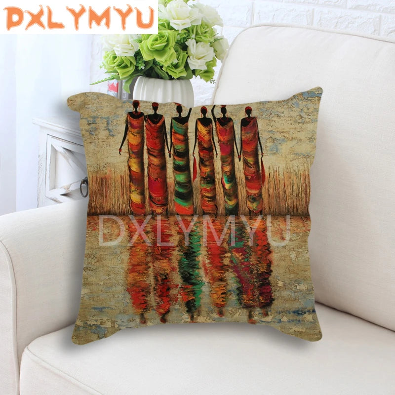 Hand-Painted African Style Oil Painting Printed 45*45cm Cushion Cover Linen Throw Pillow Car Home Decor Decorative Pillowcase