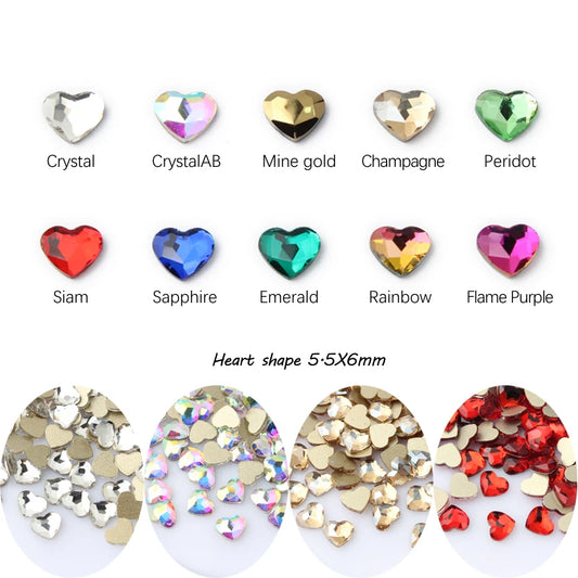 Hot sale 3D Nail art Rhinestone Heart 5.5x6mm Flatback Glass Crystals Use for Nail DIY Decorations Rhinestones