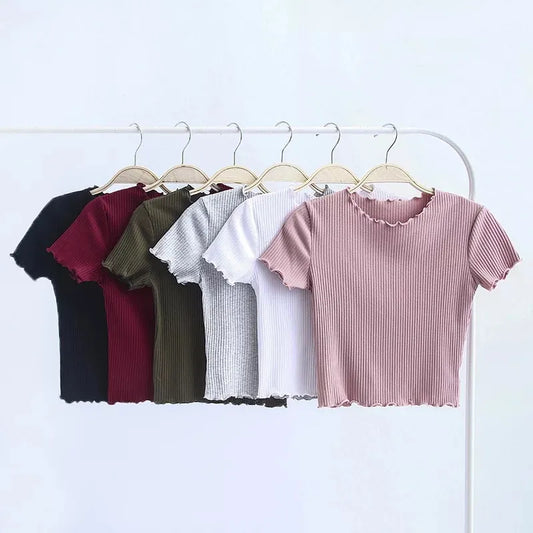 Vintage Wood ears O neck Short sleeve T-shirt 2024 New Woman Slim Fit t shirt tight tee Summer Retro Tops 6 colors