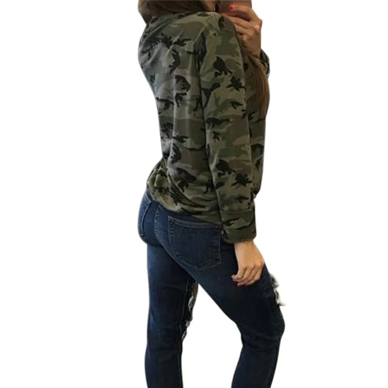 Camouflage Print Women Long Sleeve Slim T-Shirt Fashion V-Neck Lace-up Lady Sexy Tops Army Style Casual Female TShirt Tee