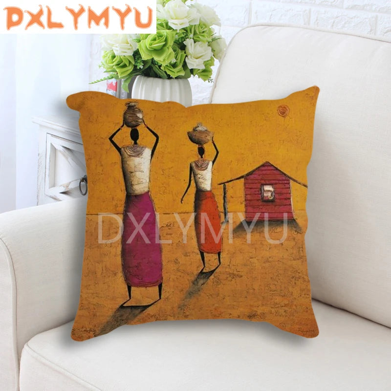 Hand-Painted African Style Oil Painting Printed 45*45cm Cushion Cover Linen Throw Pillow Car Home Decor Decorative Pillowcase