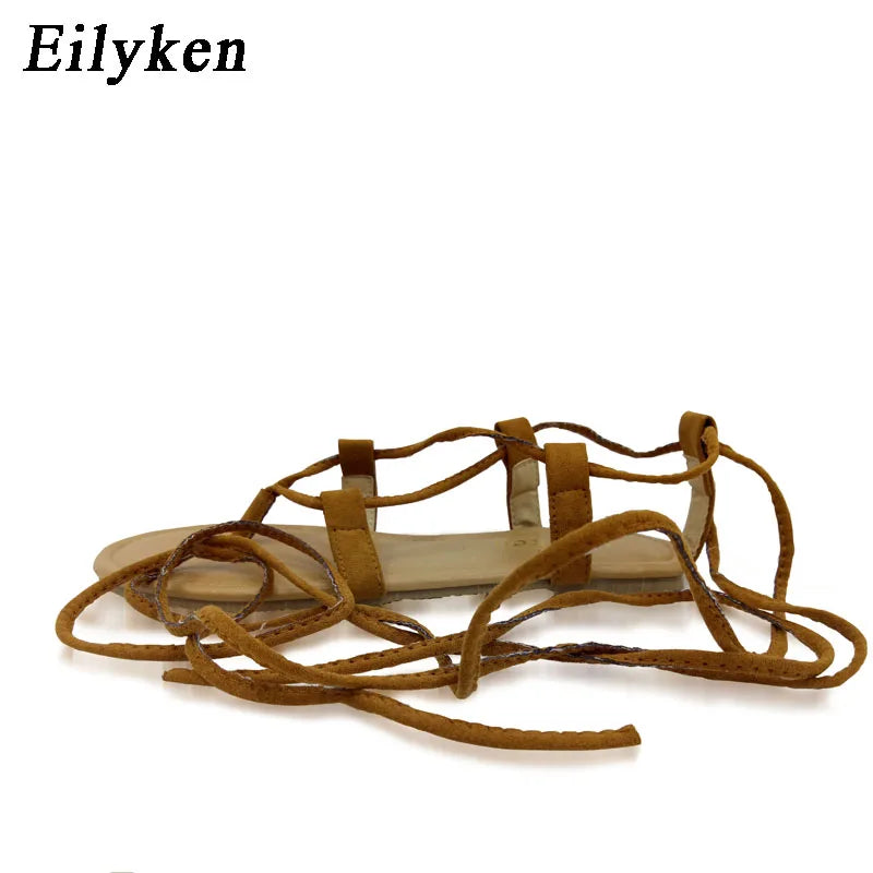 Eilyken Summer Roman Sandals Cross-Strap Tall Knee High Bondage Thong Flat Women Sandals Flip Flops Black Apricot