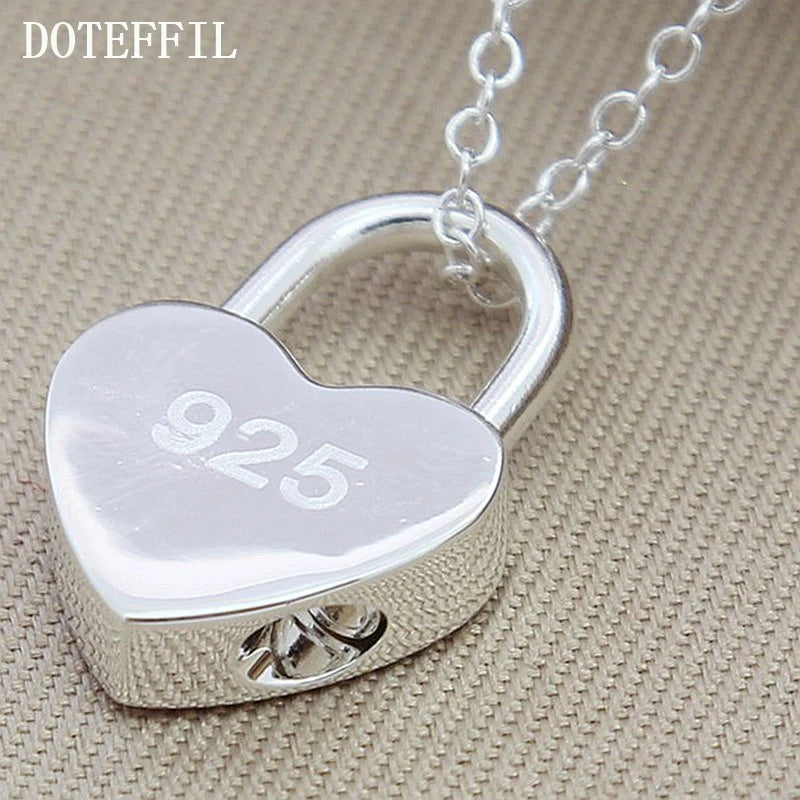 DOTEFFIL 925 Sterling Silver Square/Heart Lock Pendant Necklace With Original Logo 16-30 inch Chain For Women Wedding Engagement